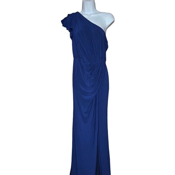 Mac Duggal Ruffle One-Shoulder Jersey Gown in Navy NWT Size 4 - Picture 5 of 10
